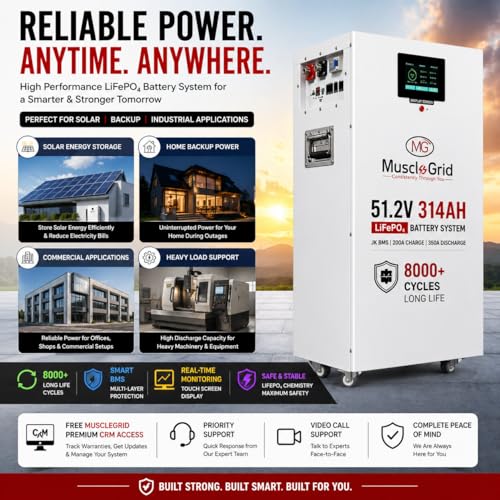Image of MuscleGrid 51.2V 314Ah LiFePO4 Battery Pack with JK BMS | 200A Charge / 350A Discharge | Touch Screen Display | 8000 Cycles | Smart CRM Monitoring | Energy Storage System (320AH Cell Laser Weld)