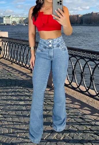 TodTan Women's Ripped Jeans High Waisted Bell Bottom Jeans Hem Destroyed Denim Pants3