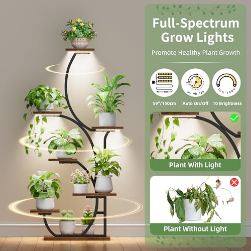 Image of Plant Stand Indoor with Grow Lights - Lighted Indoor Plant Shelf, 57 inch 7 Tier Corner Plant Stands for Indoor Growing, Tall Flower Display Shelf, Metal S-Shaped Holder for Living Room, Bedroom, Black