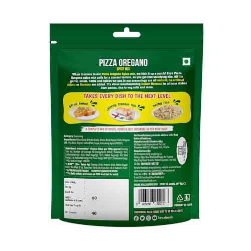 Image of Keya Pizza Oregano Multipack 40g | 10 sachets inside of (4 /4.5g) | Premium All Natural & Healthy Italian Spice Blend for Pizza, Pasta | Sprinkler | No Artificial Flavours and Colours | 40g