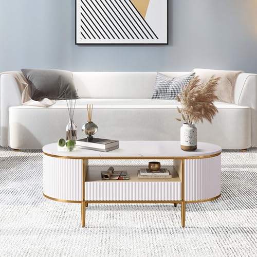 Image of Modern Fluted Coffee Table, 47.24 inch Oval Coffee Table with Drawers, Faux Marble Top, Gold Metal Decor, Center Tables for Living Room