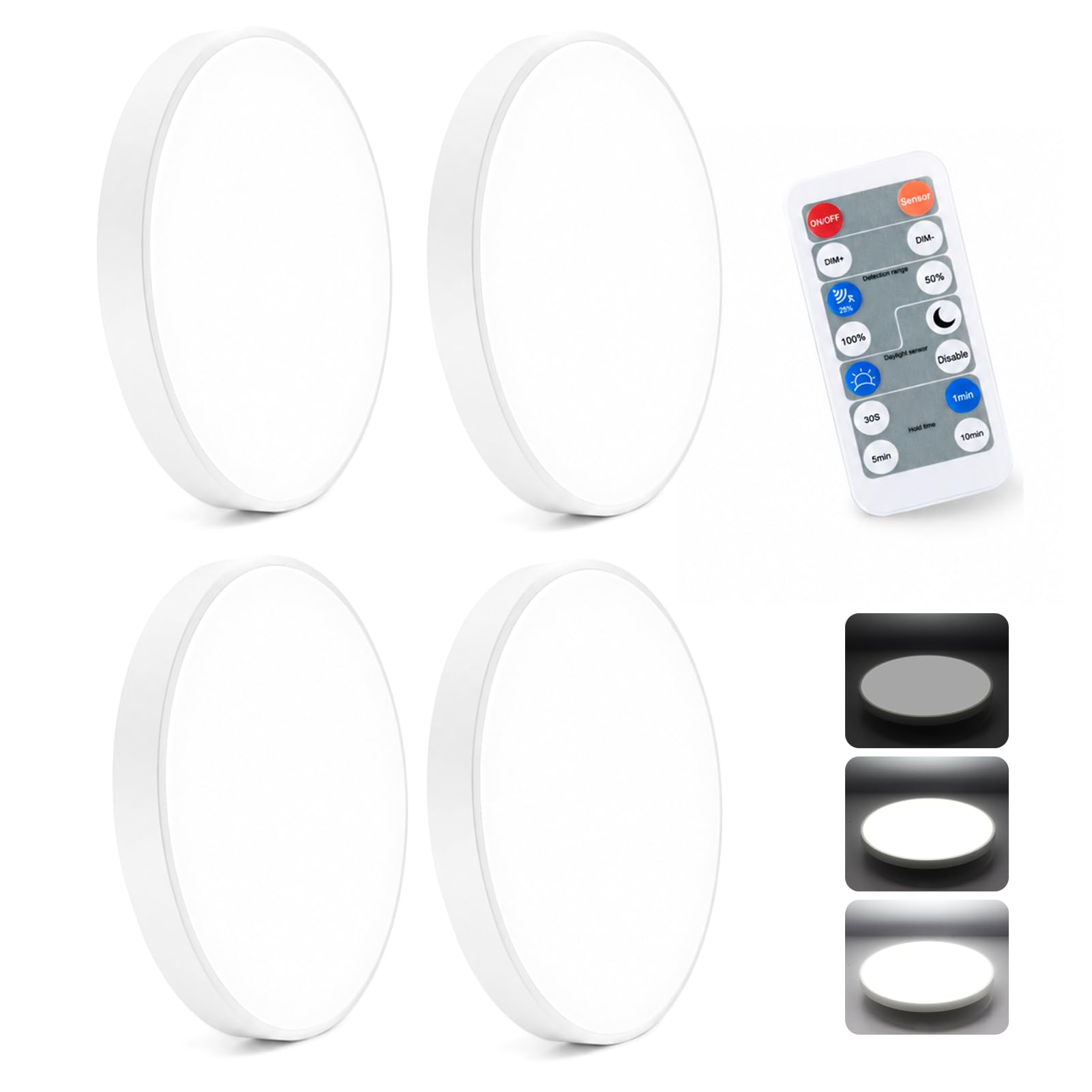 4er Set LED Deckenleuchte mit Bewegungsmelder, 5.8G Radar Sensor Deckenlampe, IP44 Wasserdicht, Fernbedienung, 30%-100% Dimmbar, Dauerlichtmodus, Badleuchte Flurlampe für Bad Flur Keller Balkon 10-20㎡