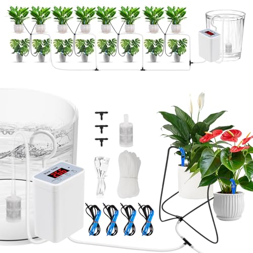 Riego automático interior, volumen de agua ajustable control por tiempo sistema de riego recargable para 16 plantas, set de riego por goteo para plantas de interior, plantas de balcón, plantas en