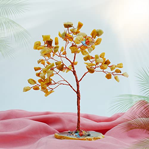 Image of REMEDYWALA Charged Energized Yellow Aventurine Crystal Tree with Agate Slice Base for Reiki Healing Yellow Aventurine Stones Crystal Tree 100 Beads
