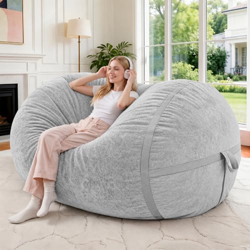 Image of 4FT Bean Bag Chair 4'Big Bean Bag Chairs with Adults, Large Beanbag Chair | Bean bag Lounger with Machine Washable Cover Luxurious Velvet Fabric, Comfy Chairs for Living Room, Bedroom, Dorm, Lightgrey