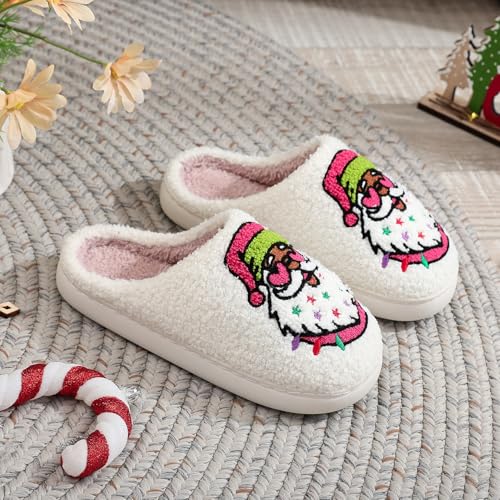 Image of Womens Mens House Slippers Retro Comfy Warm Plush Slip on Fluffy Memory Foam Home Sippers for Winter Indoor Outdoor