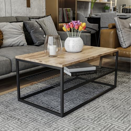 CONCEPT USINE | Factory - Table Basse Industrielle avec Étagère | Bois Naturel et Métal Noir | 95x55x42 cm | Design Moderne avec Rangement Pratique | Style Industriel...