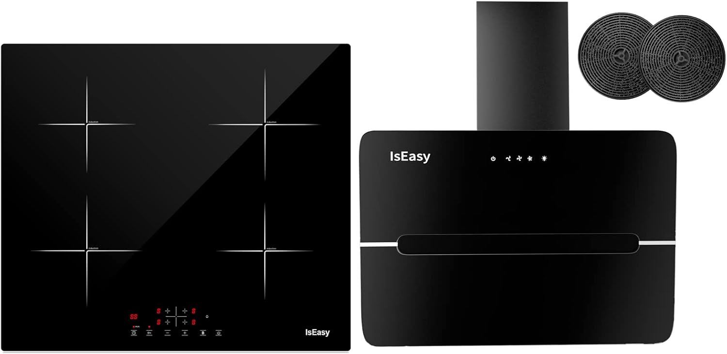 IsEasy Piano Cottura a Gas 4 Fuochi, 7800W, 60cm Cappa Aspirante inclinata 60cm, 523 m3/h (60cm Cappa, Nero Piano Cottura a Gas) [Classe di efficienza energetica A++]