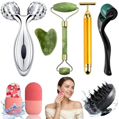 7 in 1 Face Massager & Skincare Beauty Tool Kit | Jade Roller Gua Sha Ice Roller 3D Face Massager Gold Beauty T Bar Derma Roller Silicone Scalp Brush | Skin Tightening Glow Kit | Women Men Face Care 7 in 1 Face Massager & Skincare Beauty Tool Kit | Jade Roller Gua Sha Ice Roller 3D Face Massager Gold Beauty T Bar Derma Roller Silicone Scalp Brush | Skin Tightening Glow Kit | Women Men Face Care