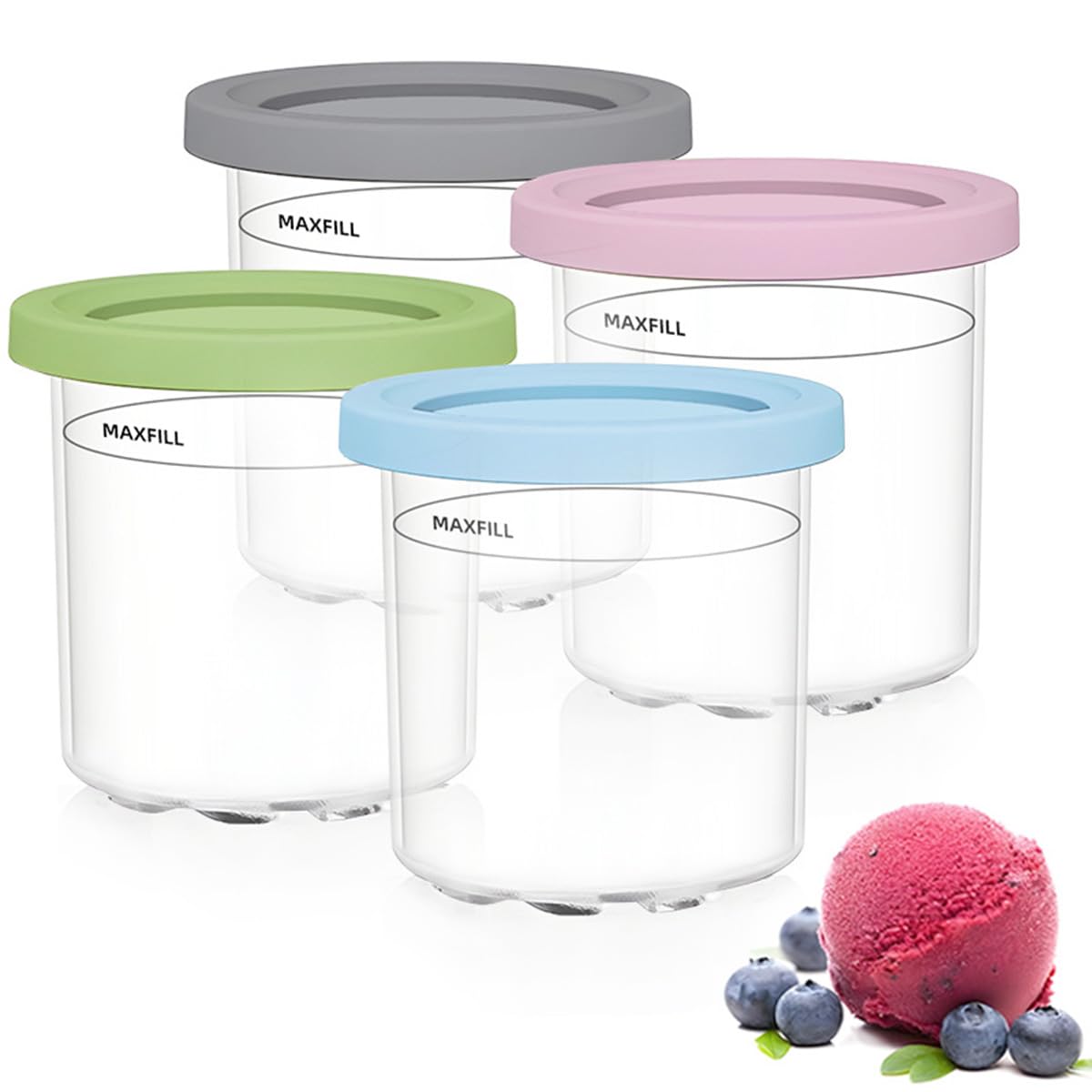 4 Pack Ice Cream Tubs for Ninja CREAMi, 16oz Replacement Creami Tubs Containers Compatible with Ninja CREAMi Ice Cream Maker NC300UK NC300UKCP NC299AMZ, BPA-Free & Dishwasher Safe, with Color Lids