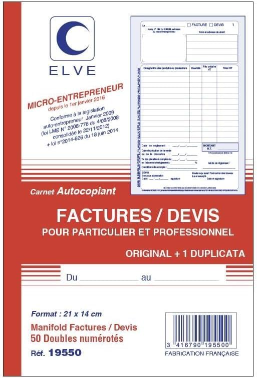 ELVE 1 Manifold AUTO-ENTREPRENEUR Facture/Devis 21 x 14 cm Vertical 50 dupli