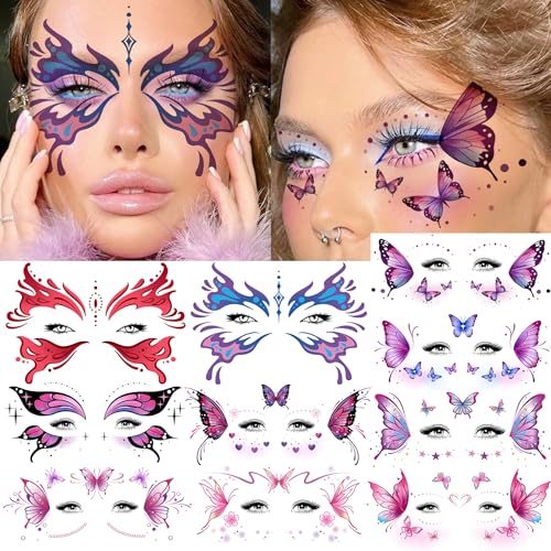 Image of 10 Sheets Butterfly Temporary Tattoos For Women Face Freckles Tattoo Sticker, Realistic Flying Butterflies Fake Tattoos Eyelid Eyeliner Eye Shadow Makeup Decal Halloween Costume Princess Fairy Cosplay