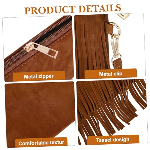 Sac en cuir suédé marron avec franges et pompons style rétro - 5