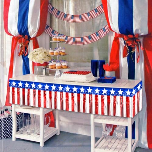 Image of 6 Pack 10 Feet Foil Fringe Garland Metallic Tinsel Streamers Banner Wall Hanging Backdrop Banner for Parade Floats, Thanksgiving, Christmas, Birthday, Halloween Party Decorations White red Blue