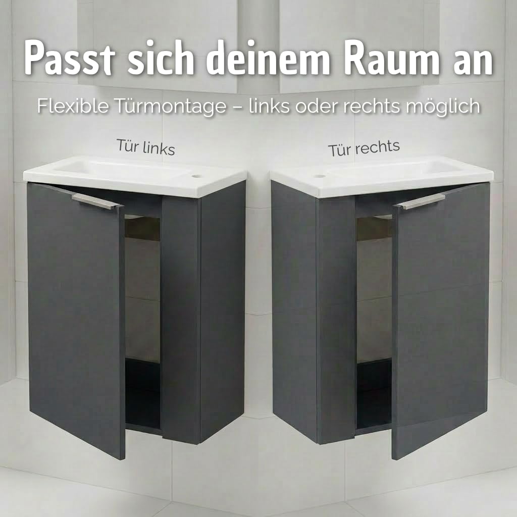 BadeDu UMEA Gäste WC Waschtisch Set 50 cm Anthrazit matt – Waschbeckenunterschrank mit Gussmarmor Waschbecken Weiß – platzsparender Waschtisch für kleines Bad & Gäste WC