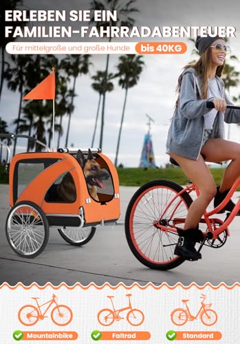 SEPNINE® Hunde Fahrradanhänger XL, 2 in 1 Hundeanhänger & Jogger mit Reflektor und Bremse, 600D Oxford Canvas, maximale Belastung 40kg-Orange