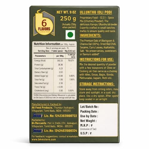 Image of 6Flavors Ullundhu Podi Powder 250g | Black Gram Podi Powder | South Indian Chutney Powder for Idli, Dosa & Rice | Protein Rich Traditional Podi Masala | No Onion No Garlic No Preservatives
