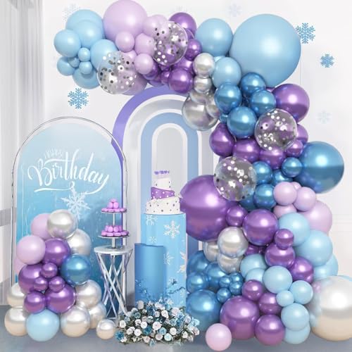 Arch Frozen Ballon Kit Bleu Violet Congelé, 115 Pièces Latex Ballon Frozen Bleu Blanc avec Flocon Argent Confettis, Métallique Violet Helium Balloons pour Décoration...