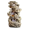 Alpine Corporation TZL198 Outdoor Floor 6-Tiered Rock Waterfall Fountain with LED Lights and Natural Stone Look, 51", Gray