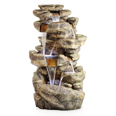 Alpine Corporation TZL198 Outdoor Floor 6-Tiered Rock Waterfall Fountain with LED Lights and Natural Stone Look, 51", Gray