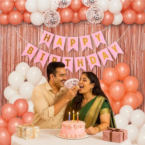 Image of Party Propz Rose Gold Birthday Decoration Kit - 39 Pcs with Happy Birthday Banner, Rose Gold Balloons, White Balloons, Foil Curtains, Confetti Ballons, Ribbons