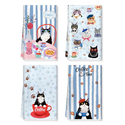 Arquiel Torchons de Cuisine Amusant Chat Vaisselle Lot de 4, Serviettes de Cuisine Mignon Torchon Vaisselle, Doux Et Super Absorbant Accroche Très Serviettes...