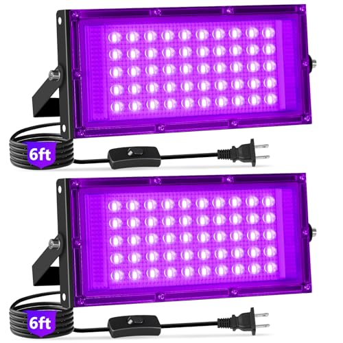 YAYIT 50W Black Lights with Switch+Plug IP66 Waterproof LED Blacklight Flood Light for Glow Party Halloween Bedroom Fluorescent Poster Body Paint 2 Pack