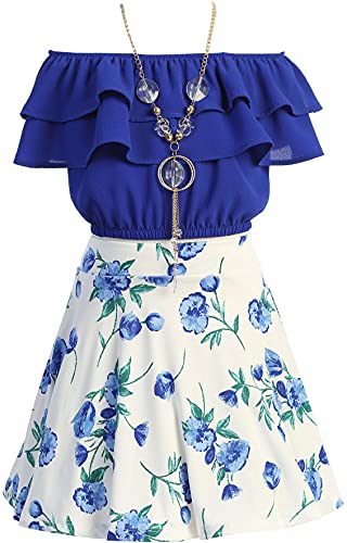 Image of Cold Shoulder Crop Top Ruffle Layered Top Flower Girl Skirt Sets for Girl