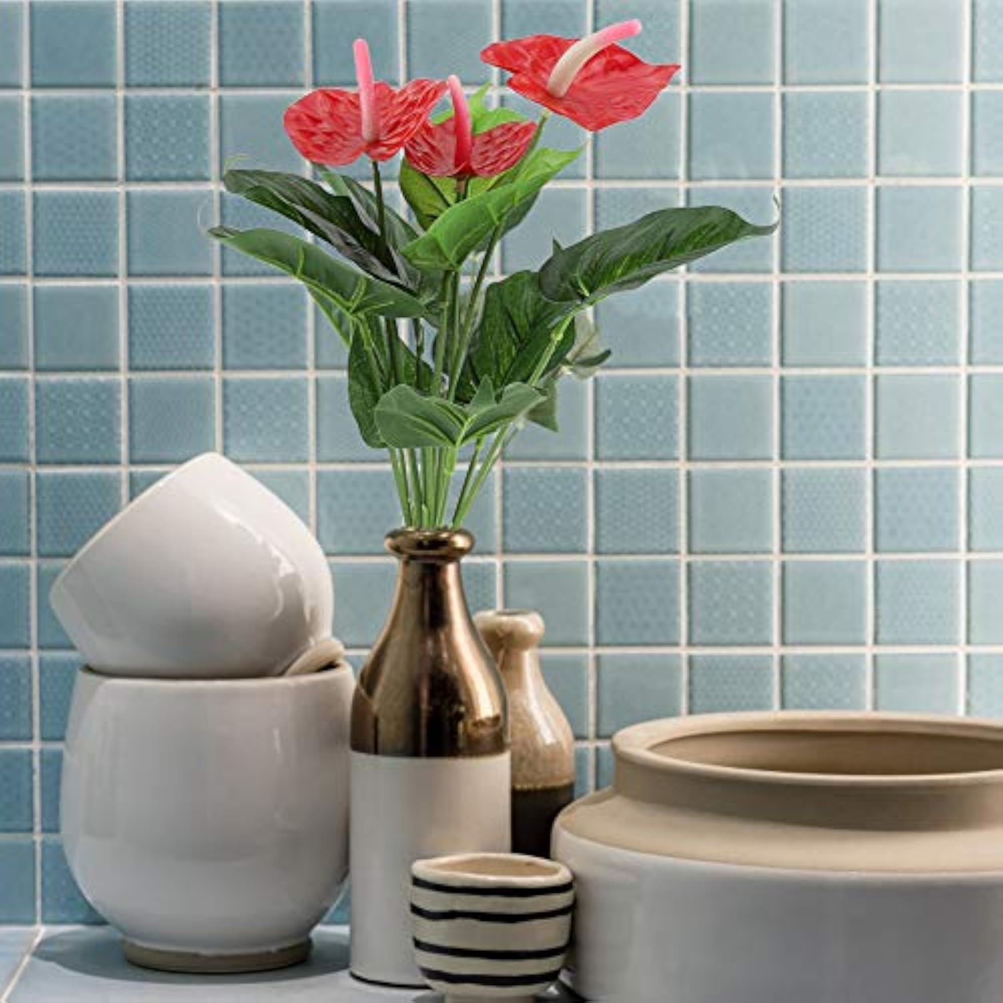 Plastic Artificial Plant Fake Red Anthurium Flowers Bouquet