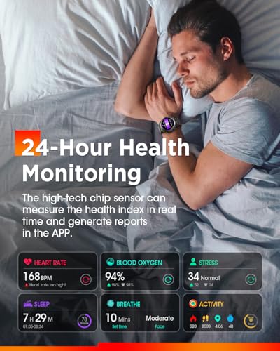 2025 Smartwatch Herren mit Telefonfunktion, 500mAh Akku 1.46" HD Militär Smart Watch, 113 Sportmodi IP68 Wasserdicht Fitnessuhr, 24/7 Herzfrequenz/SpO2/Schlafmonitor, iOS Android 2 Armbänders Schwarz – Bild 6