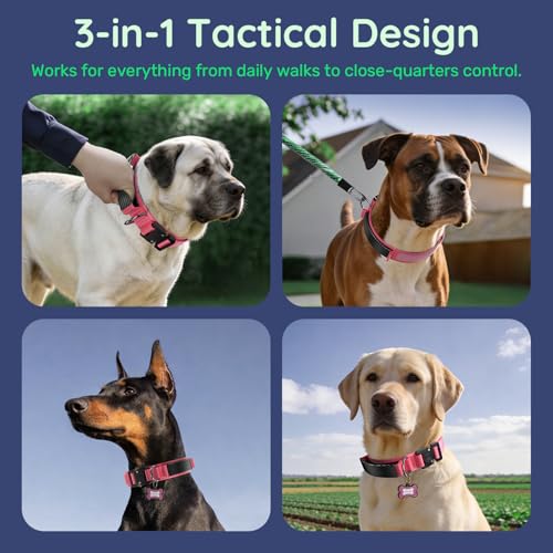 Image of Premium Tactical Dog Collar - Adjustable Military Heavy Duty Dog Collar for Medium Large Dogs - Durable Metal Buckle Dog Collar with Leather Control Handle and Soft Comfortable Padding