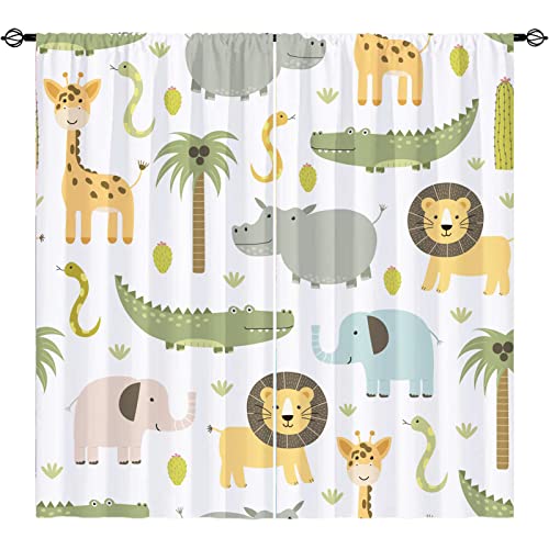 Image of YUANZU Animal Curtains Rod Pocket Safari Hippo Crocodile Lion Elephant Giraffe Woodland Zoo Print Pattern Window Drapes for Kids Boys Girls Nursery Baby Bedroom Playroom W42 x L84 Inch 2 Panels