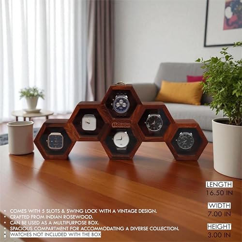 Image of Vintage Wooden Watch Box for Men, Timepiece Display Case, Honeycomb Watch Storage & Organizer, Jewlery Box for Women, Anniversary Gift For Husband (6 Compartments)