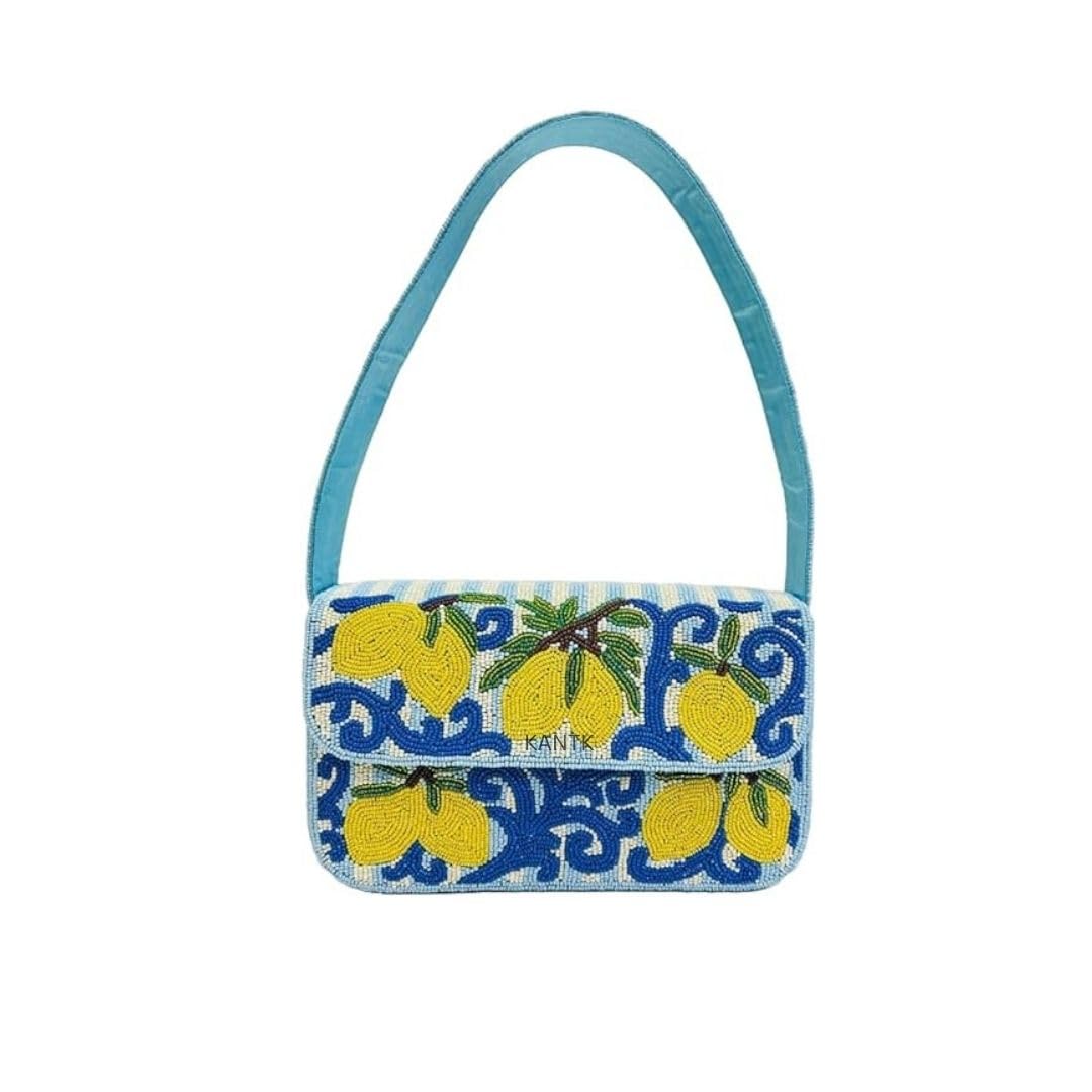 Blue and White Striped Beaded Purse with Lemon Design, Handmade Summer Clutch Bag for Women, Tropical Beaded Evening Handbag