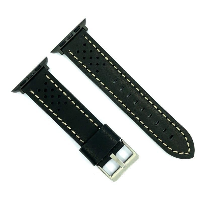 Rally or Racing leather watch straps compatible with Apple Watch Ref AW398 Black/White-Black Adapter
