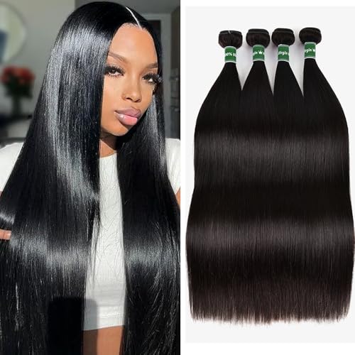 Afeier Straight Bundles Human Hair 20 22 24 26 Inch Straight Hair 10A Double Weft Hair Extensions for Women 4 Bundles Deals 100% Unprocessed Virgin Human Hair Natural Black