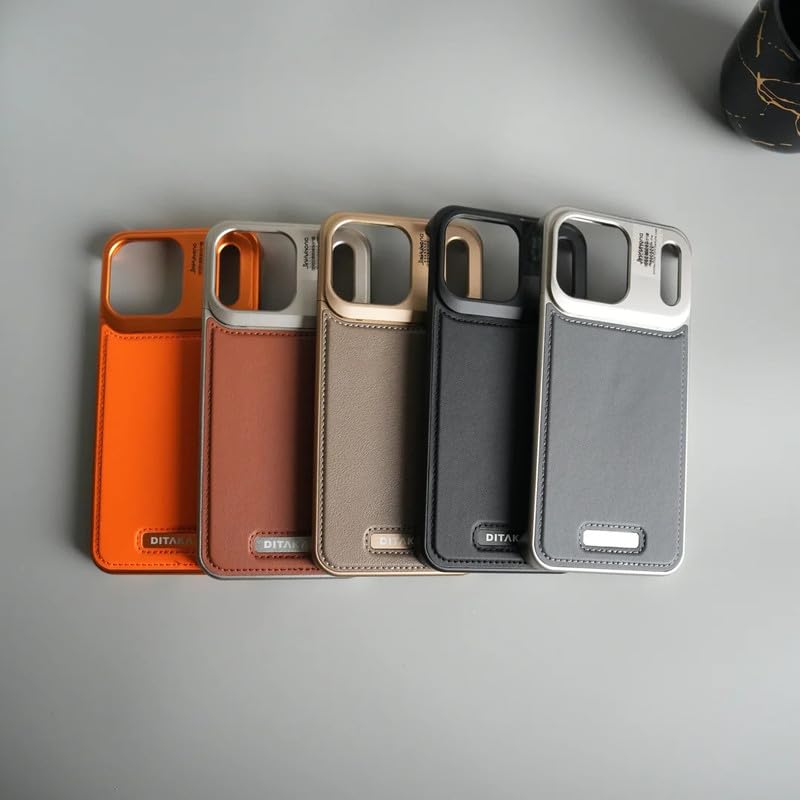 Image of Business Leather Phone Case Compatible with iPhone 17 Pro with Mag Charging | Aluminum Alloy Eco-Friendly Cloth Aroma Therapy Phone Case - Gold