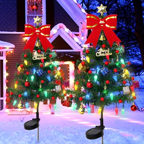Dremisland 2 Pack Solar Christmas Tree Garden Stake Lights Outdoor Solar Powered Prelit Xmas Trees with 40 LED Strawberry Lights Christmas Decorations Stake Pathway Lights Yard Porch Holiday Decor