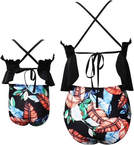 Family Matching Swimsuits Cutout Crossback Ruffle High Waisted Bathing Suits Mommy and Me Two Pieces Bikini Set3