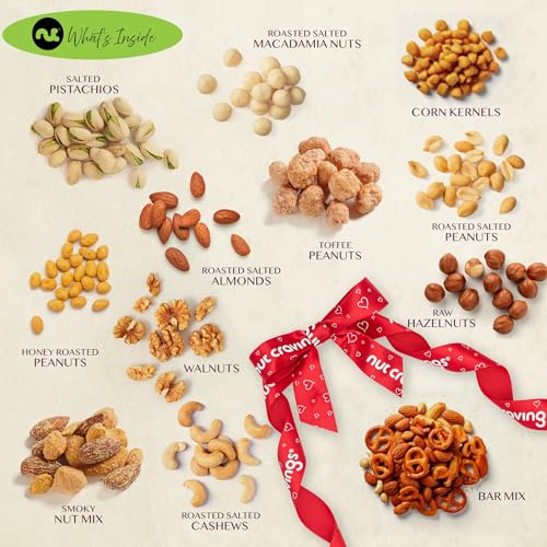 NUT CRAVINGS - Valentines Day Mixed Nuts Gift Basket in Reusable Wooden Tray + Heart Ribbon (12 Assortments) Treats for Adults, Food Arrangement, Healthy Snack Care Package, Kosher