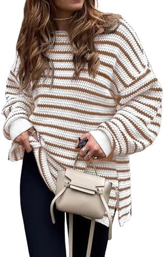 KIRUNDO Women's 2025 Fall Winter Oversized Long Sleeve Striped Sweater Casual Crewneck Side Split Pullover Knit Tops