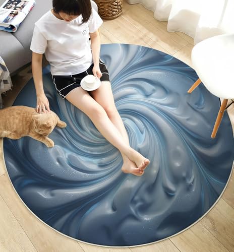 Tapis rond déco bleu marbre vortex antidérapant et super doux