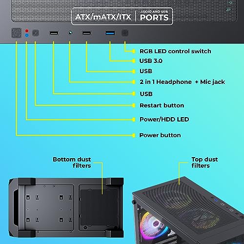 Image of ZEBRONICS Aurora Mid-Tower Premium Gaming Cabinet, ATX, 4 x ARGB Fan, LED Control Switch, Tempered Glass Panel, USB 3.0, 360mm Front or 240mm Top AIO Cooler Support with Top & Bottom Dust Filter