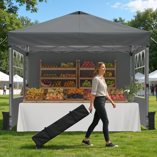 Raynesys Pop Up Canopy Tent for 10 People, Silver Coated Top, Effortless One-Push Setup, 10x10ft Portable Outdoor Gazebo with Sidewalls for Events, Gray