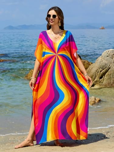 Image of sunforyou Kaftan Dresses for Women Plus Size Lightweight Swimsuit Cover up Batwing Sleeve Print Loungewear Beach Robe