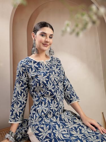 Image of Stylum Women's Blue Floral Printed Cotton Straight Kurta