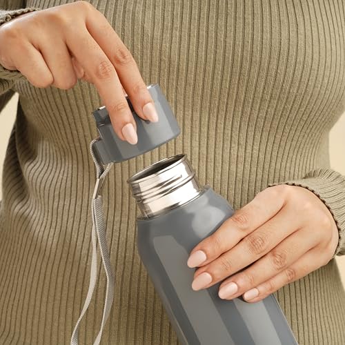 Image of Nayasa Pristine 700ml Water Bottle | BPA-Free Plastic with Insulated Stainless Steel Inner | Leak-Proof Twist Cap | for Office, School, Gym, Travel, and Outdoor Use | Grey