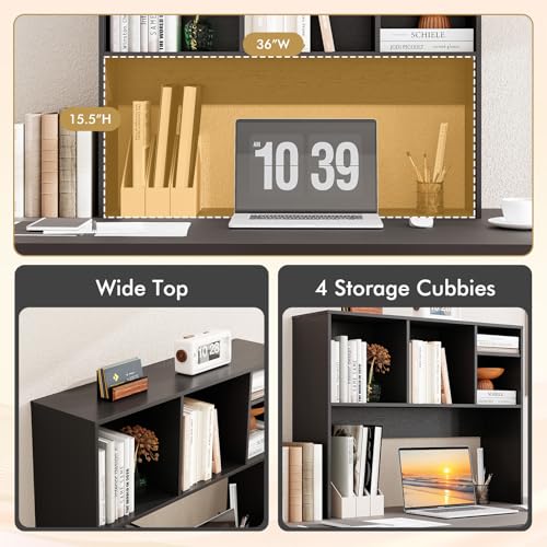 Image of Tangkula Desktop Bookshelf, Countertop Storage Hutch with 4 Shelves for Computer Desk, Desktop 2-Tier Display Rack, Multipurpose Wood Desk Hutch Storage Organizer for Dorm Office Home (Black)