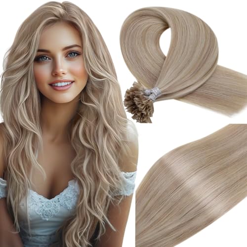 Vivien U Tip Human Hair Extensions Blonde Nail Tip Hair Extensions Highlight Light Blonde with Golden U Tip Hair Extensions Human Hair Silky Straight 50g/50s #16/22 22 Inch