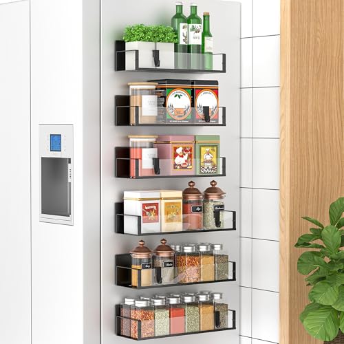 Image of HuggieGems Metal Magnetic Spice Rack for Refrigerator Clear, 6 Pack | Magnetic Shelves Heavy Duty for Fridge in Kitchen, Seasoning Storage Organizer, For Oven Washer and Dryer, For Heavier Items